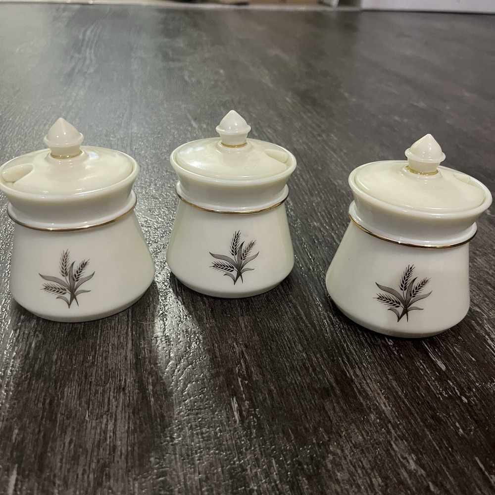 LOT OF 3 Vintage Wheaton Ware Custard Glass Condiment Jar/Jam/Jelly Golden Wheat